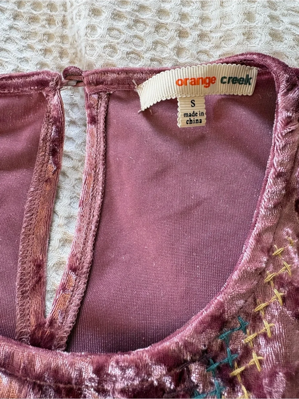 Orange Creek Floral Embroidered Crushed Velvet Dress S Mauve Midi Boho Flapper - Picture 3 of 13